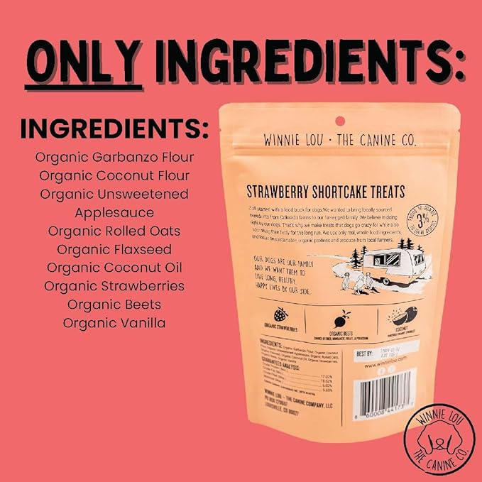 Winnie Lou Organic Healthy Dog Treats – All Natural Crunchy Dog Biscuits Made in USA with Organic Ingredients from Colorado Farms – for Small, Medium, Large Dogs - Strawberry Shortcake (Pack of 2)