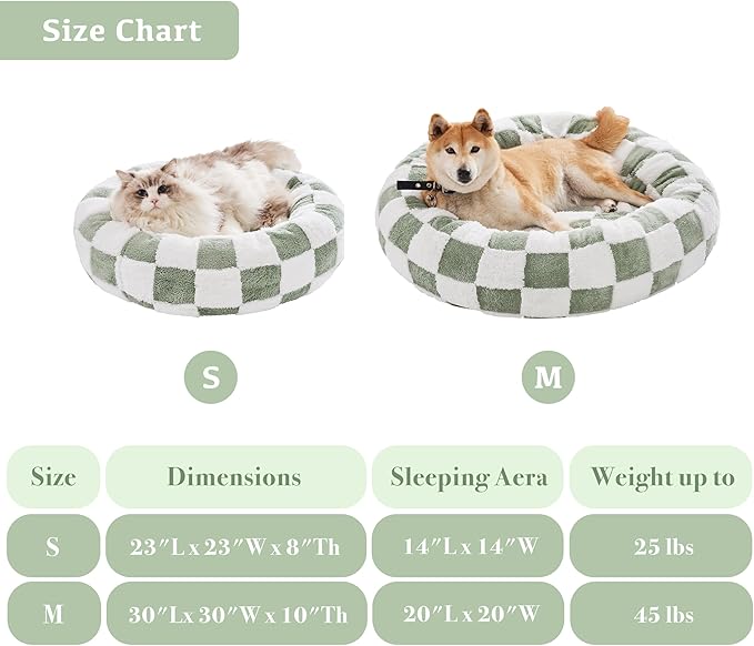 Checkered Dog Bed, Cute Sage Green Retro Style Aesthetic Round Warming Pet Calming Beds for Small Dog and Cats, Plush Cozy Donut Washable, 30" L x 30" W x 8" Th