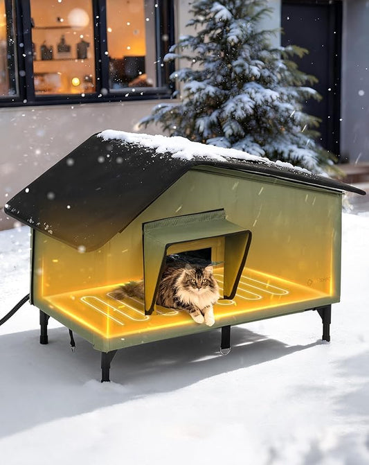 Heated Outdoor Cat House Weatherproof, 23"x18" Insulated Feral Cat Shelter with Pet Heating Pad, Escape Door & Observation Window for Kitten Puppy, UL Certified