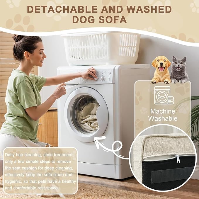 Dog Sofa Couch for Medium Dogs, 31" Memory Foam Dog Couch with Washable Fabric, Removable Cushion, Sofa Bed for Medium Dogs, Beige