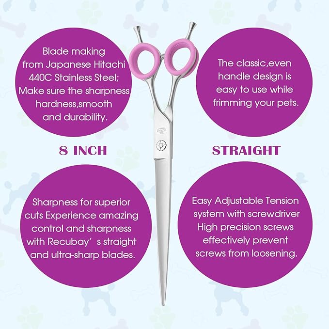 Dog Grooming Scissors, 8.0" Shears, Straight Scissors for Pet Hair Trimming. Matte Deluxe Dog Shears