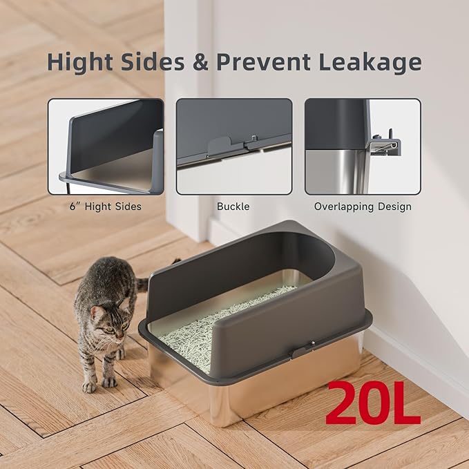High-Sided Stainless Steel Cat Litter Box,Stainless Steel Litter Box with Lid,Extra Medium Box,Easy-to-Clean Metal Litter Pan for Cats (20''L X 14''W X 12''H with Enclosure)