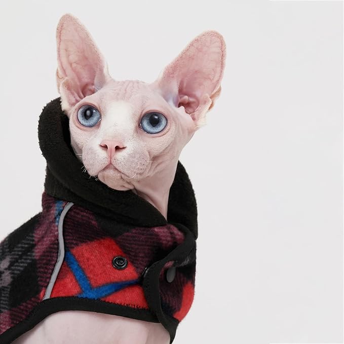 Sphynx Cat Windproof Turtleneck Jacket, Cat Puppy Warm Fleece Hoodie Fall and Winter,Easy to Wear Cat Coat with Velcro,Neck and Chest Adjustable Sweater (M (3.5-5.5lbs))