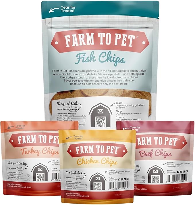 Farm To Pet - Puppy Training Treats Starter Pack Fish 4oz + 2 Chicken & 2 Turkey Snack Chips for Small Dogs - Value Pack Treats, 100% All Natural, Single Ingredient, Puppy Essentials Made in USA