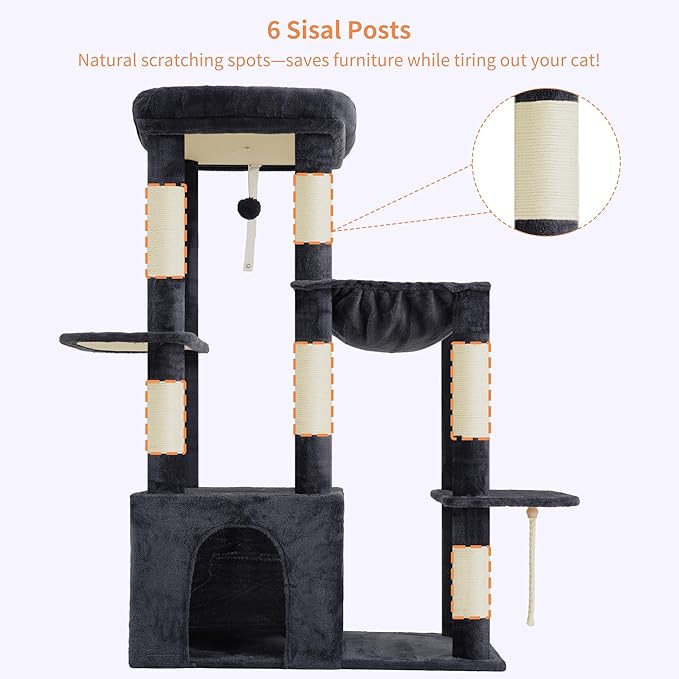 Heybly Heavy Duty Cat Tree, Tower for Indoor Cats large adult, Tall Cat Condo House with Extra-Large Baseboard, Multi-Level Plush Furniture with Scratching Posts, Hammock,Toy Balls, Smoky Gray HCT026G