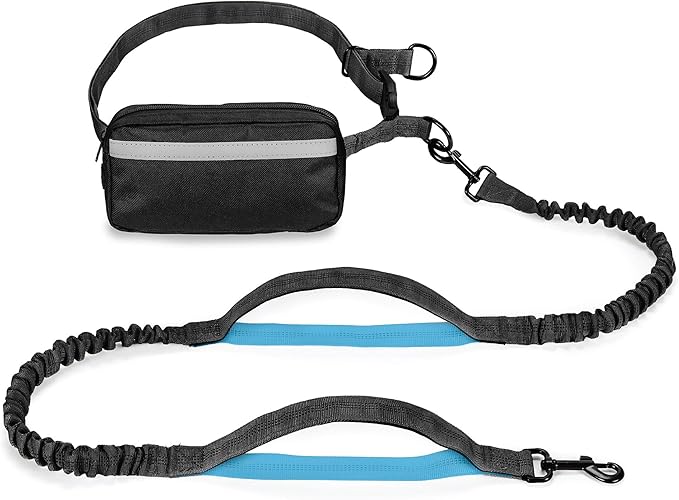 Squirrel Products Hands Free Dog Leash with Hip Belt/Crossbody Strap, Zipper Pouch, and Shock Absorbing Bungee for Walking or Jogging with pet (Black, Blue)
