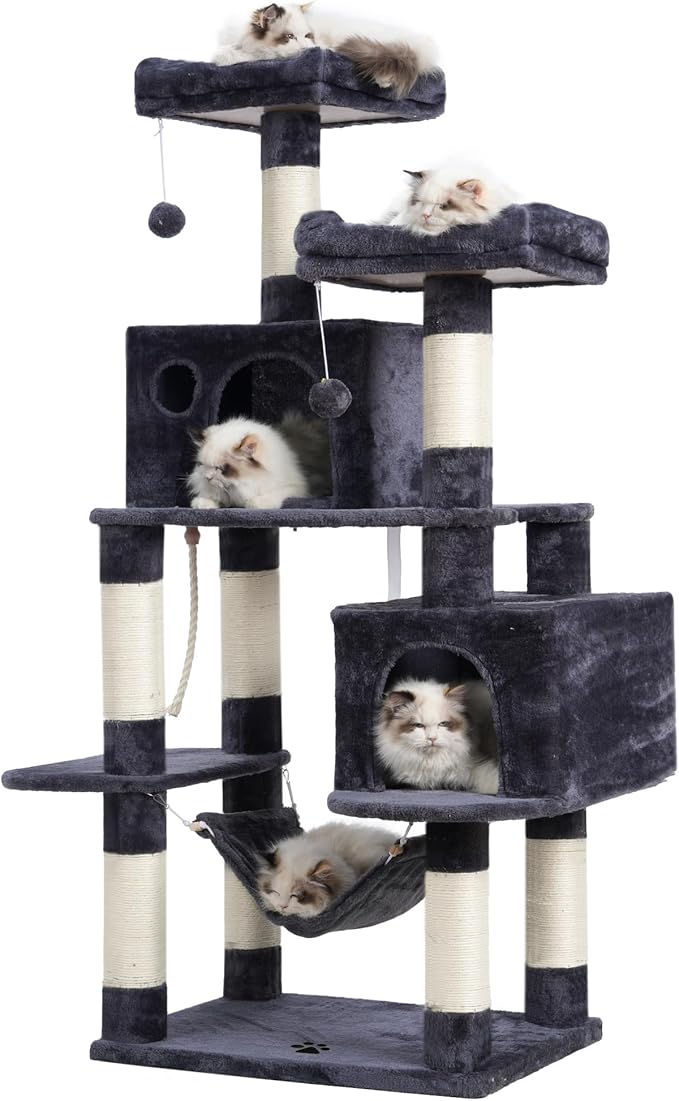 Hey-brother Large Multi-Level Cat Tree Condo Furniture with Sisal-Covered Scratching Posts, 2 Bigger Plush Condos, Perch Hammock for Kittens, Cats and Pets Smoky Gray MPJ020G