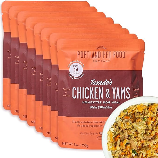 Portland Pet Food Company Tuxedo’s Chicken & Yams Fresh Dog Food Pouches - Human-Grade, Gluten-Free Wet Pet Meal Topper & Mixers - Large & Small Breed Puppy & Senior Dogs - Made in The USA - 8 Pack