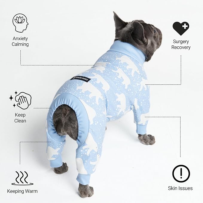 Spark Paws Dog Pajama, Dog Recovery Suit Male, Onesie, Ultra-Soft and 4-Way Stretch, for Small Medium and Large Breeds - Snowy Polar Bear - S