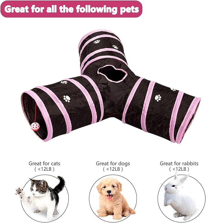 Cats Bunny Tunnel Tube Pink,3 Way Collapsible Small Animal Play Tunnel Toys with Ball for Indoor Cat Kitten Bunny Rabbit Ferret Small Animals (Black@Pink)