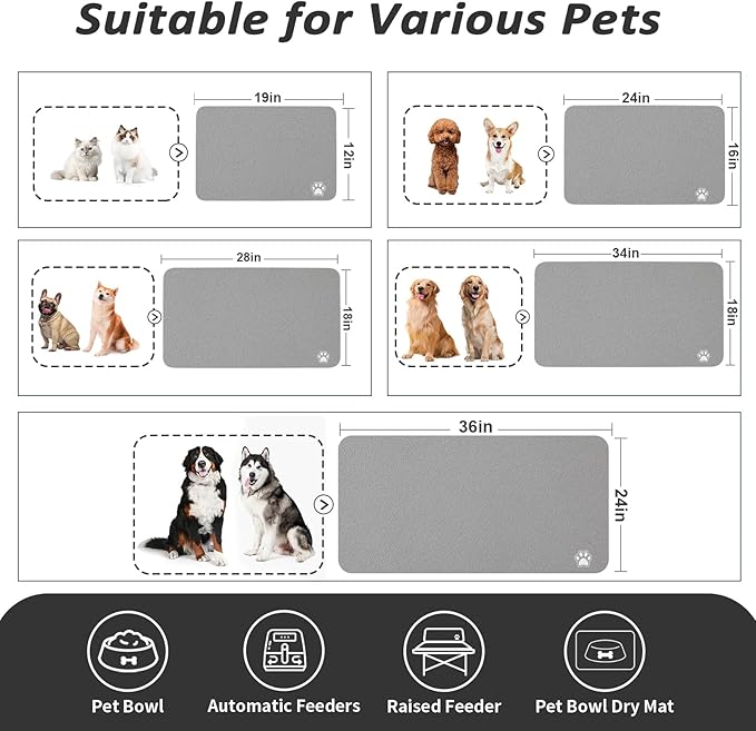 Pet Feeding Mat - Absorbent Dog Mat for Food and Water, No Stains Cat Bowl Mat, Easy to Clean Pet Placemats, Quick Dry Dog Water Dispenser Mat for Messy Drinkers | Paw Grey 16"x 24"