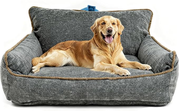 Large Orthopedic Dog Sofa Bed with Sides, Carry Handle & Side Pockets .Plush Chenille Orthopedic Pet Bed Couch for Large Dogs.Portable Snuggler for Indoor Use, Travel & Recovery(Dark Grey)