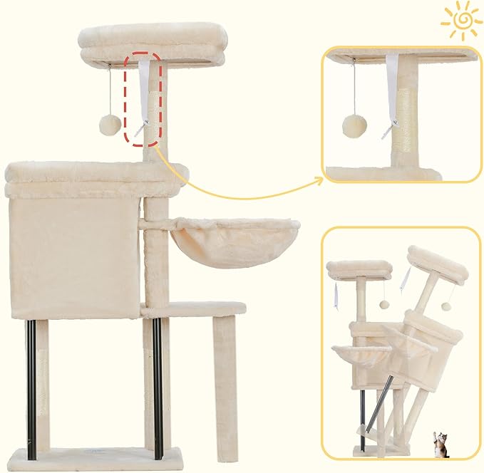 Hey-brother Cat Tree Tower, Scratching Posts with Cozy Condo, Padded Bed, Hammock, Plush Perch, Sisal Post and Ball for Indoor Kittens, 44.9 Inches, Beige MPJ009SM