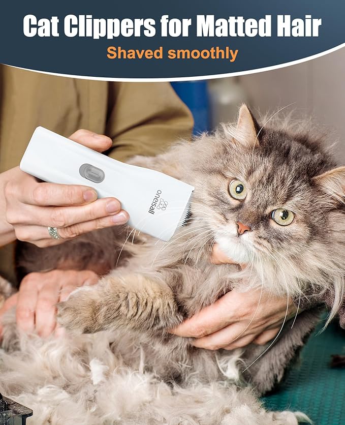 oneisall Pet Clipper for Cat Matted Hair, Pet Shaver for Cats Quiet Pet Clippers Waterproof Cordless Cat Clippers for Matted Hair Long Hair with Storage Bag (White)