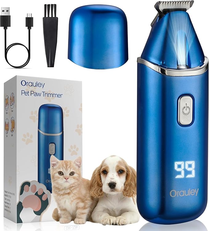 Dog Paw Trimmer with Protective Cap, Low Noise Dog Clippers for Grooming with LED Light Rechargeable Corldless Precision Trimmer for Large/Small Pet Paws, Ears, Face, Jewel Blue