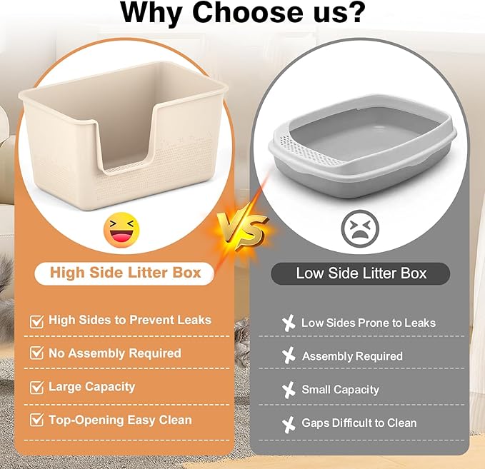 Extra Large High Sided Cat Litter Box - 24.8" L x 11.4" W x 13.0" H, XL Jumbo Kitty Litter Box for Big Indoor Cats, Tool-Free Assembly (Beige)