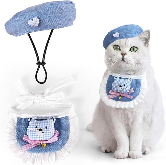 HOWWFALY Adorable Cat Princess Costume Blue Cat Beret with Little Heart & Bear Bib Scarf Bell Bow Set, Adjustable Pet Costume for Halloween Christmas Birthday Parties