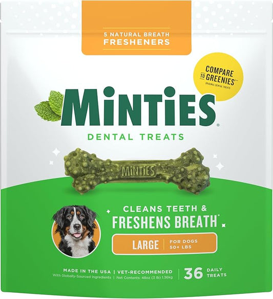 Minties Dental Chews for Dogs, 36 Count, Vet-Recommended Mint-Flavored Treats for Large Dogs Over 50 lbs, Dental Bones Clean Teeth, Fight Bad Breath, and Removes Plaque and Tartar