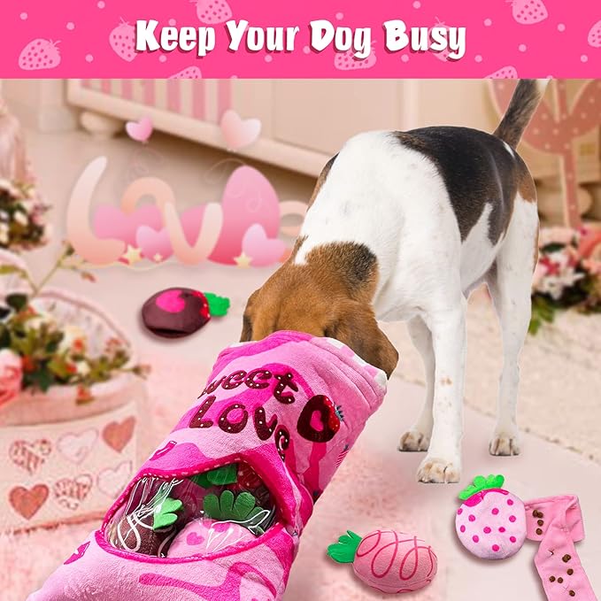 Valentine's Day Dog Toys, Squeaky Hide and Seek Dog Toy, Interactive Puzzle Dog Toys for Boredom and Stimulation, Valentine's Day Dog Gifts for Small and Medium Dogs (Strawberries, Pack of 7)