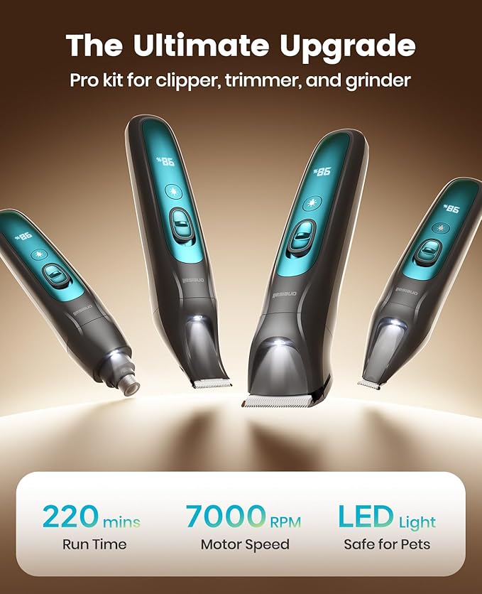 oneisall Quiet Dog Clippers for Grooming LED Light, Cordless Dog Grooming Kit 4 in 1, 2000mAh Pet Clippers Paw Trimmer Nail Grinder for Paw, Nail, Face, Ears, Legs, Body