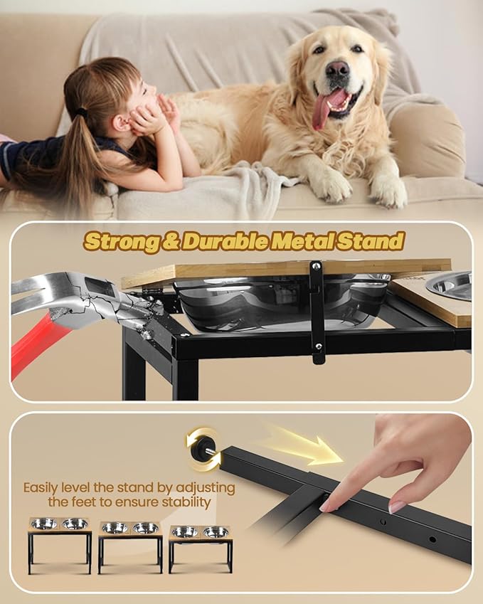 Elevated Dog Bowls Large Breed, 15"-20.5" H 4500ML Raised Dog Bowls for Large Extra Large Dogs, Bamboo Bowl Elevated with Stainless Steel Bowl, Metal Stand Adjustable Dogs Feeder