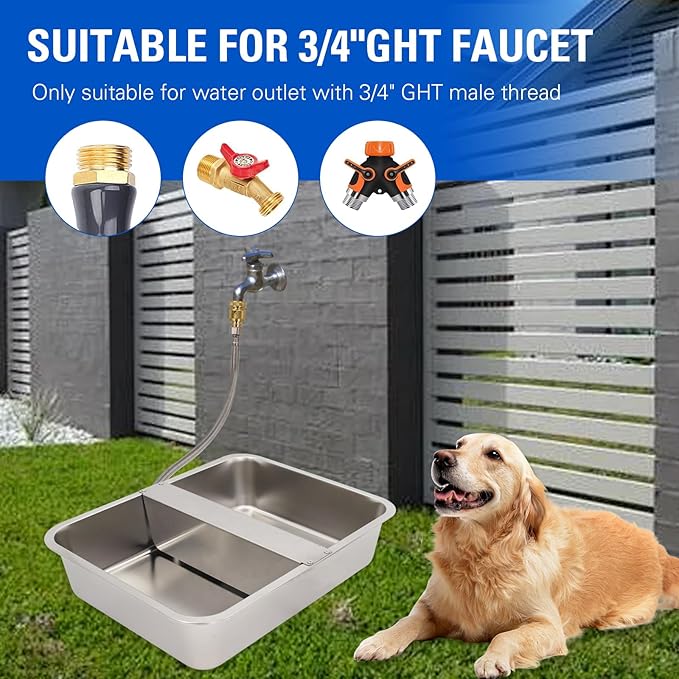 Automatic Water Dispenser for Dogs Livestock Water Trough 4 Gal Large Size Stainless Steel Waterer Feeder Outdoor Automatic Dog Water Bowl with Float Valve and 6.56 ft Water Hose Kit