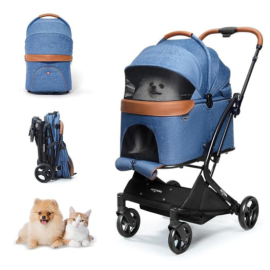 Pet Stroller with 4 Wheels, 3 IN 1 Folding Puppy Strollers for Small/Medium Dogs & Cats up to 55lbs, Lightweight Pet Travel Carrier with Detachable Carrier/Storage Basket, One Click Folding, Navy Blue