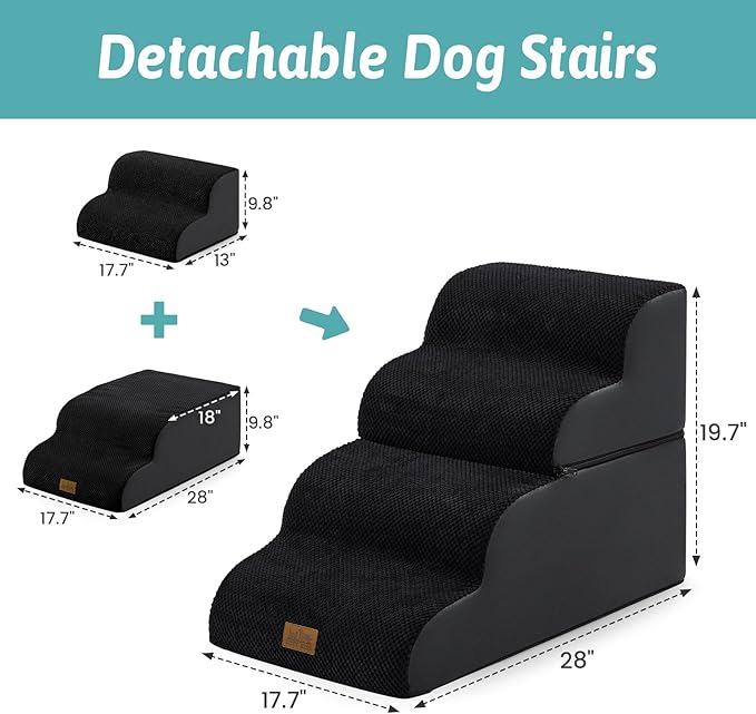 Wide Dog Stairs for Small Dogs 19.7" H, Detached Dog Step for Puppy or Older Cat, Ramp for Bed, Sofa, Couch or Chair, Ladder with High Density Foam, 17.7x28.3x19.7 inch, 4 Step, Black