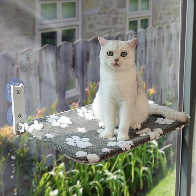 Cat Window Perch, Foldable Cat Window Hammock with Cute 3D Textured Paw Cover and Strong Suction Cups, Cordless Window Seat Bed for Indoor Cats (Grey, Large)
