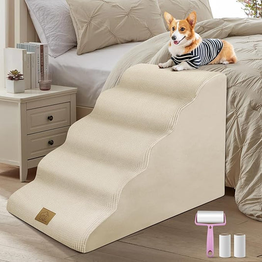 Mestuel 23in High Dogs Stairs, F Stairs for High Bed,5 Steps Ramp to High Couch Sofa Bed Indoor with Gentle Slope& Nonslip Bottom, Lint Roller Set, Beige