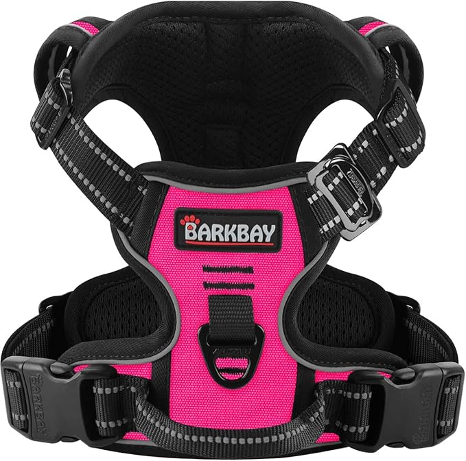 BARKBAY Dog Harness No Pull 3 Buckles for Large Dogs - Adjustable, Reflective, Comfortable, No Choke, Heavy-Duty - Perfect for Outdoor Training, Walking, and Hiking - Strong & Durable - L & Pink