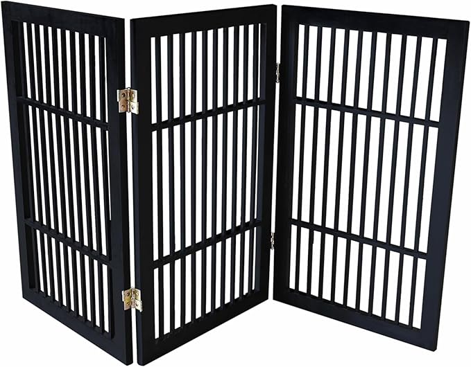 Pet Dog Gate Strong and Durable Freestanding Folding Acacia Hardwood Portable Wooden Fence Indoors or Outdoors by Urnporium (Black Pet Gate, 3 Panel 30" Tall)