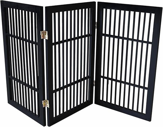 Pet Dog Gate Strong and Durable Freestanding Folding Acacia Hardwood Portable Wooden Fence Indoors or Outdoors by Urnporium (Black Pet Gate, 3 Panel 30" Tall)