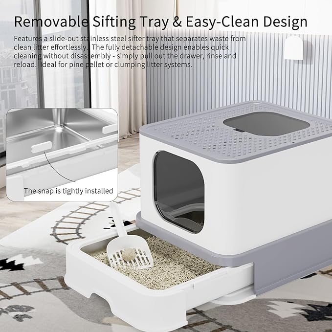 RIZZARI Stainless Steel Litter Box: Extra Large Design Prevents Leaks - Light Gray Enclosed Cat Pan - Odors Control for Cats Under 25 lbs - Bathroom Living Room Use