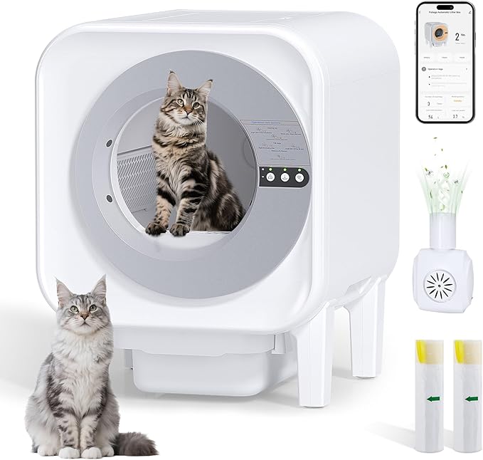 Self Cleaning Litter Box - Large Capacity Automatic Cat Litter Box for Multiple Cats |Smart App Control,Dual Safety Protection Robot,Odor Eliminator, 2 Roll of Garbage Bags,Silver