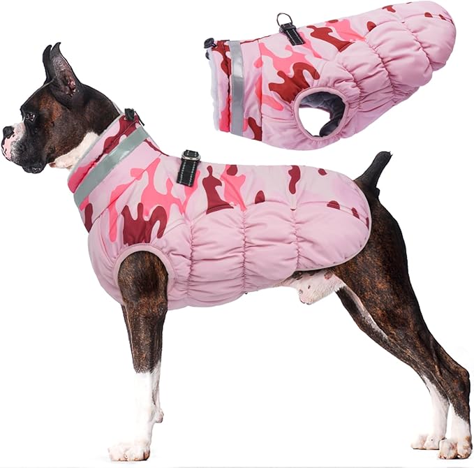 Lelepet Warm Dog Winter Coat Dog Coats for Large Dogs Waterproof Dogs Jacket with Harness Built in Reflective Cold Weather Coats Windproof Zip-Up Winter Fleece Vest Snowsuit Boxer Pink Camo XL