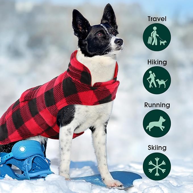 Kuoser Dog Winter Coat, Windproof Dog Fleece Jacket British Style Plaid Cold Weather Doggie Vest Coats, Reversible Cozy Warm Pet Clothes Apparel for Large Size Dogs L
