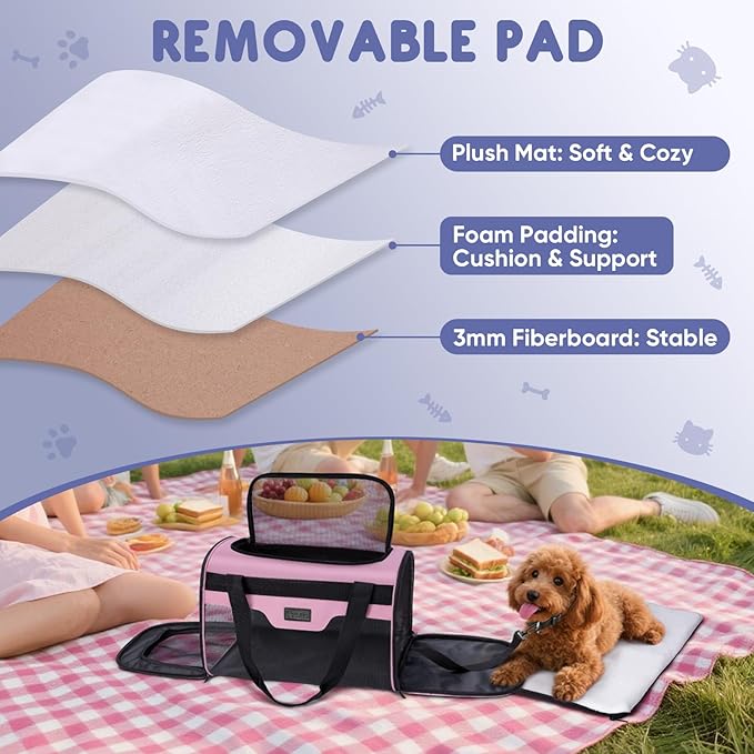 BALEINE Cat Carrier, Puppy Dog Carrier for Small Medium Pets Up to 22 Lbs, Soft-Sided Dog Travel Bag with Safety Zippers, Collapsible Pet Carrying Case (Pink, XL, 19"x12"x12")