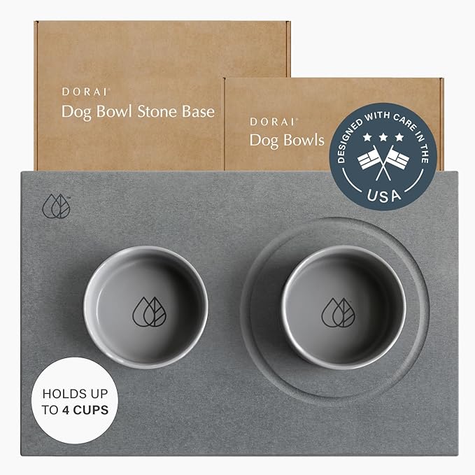 Dorai Home Ceramic Dog Bowls with Stone Drying Mat – Diatomaceous Earth Stone Mat with Non-Slip Base, Quick-Drying Pet Bowl Set for Medium Dogs, Ceramic Dog Water Bowl & Food Dish Set (23.6" x 15.4")