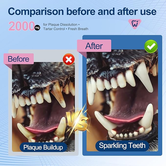 Cat Dog Dental Powder - Dog Teeth Cleaning Powder for Bad Breath Treatment, Plaque Off and Tartar Remover, Healthy Mouth for Dogs with Probiotics, Pet Dental Care - 6.35oz 180g