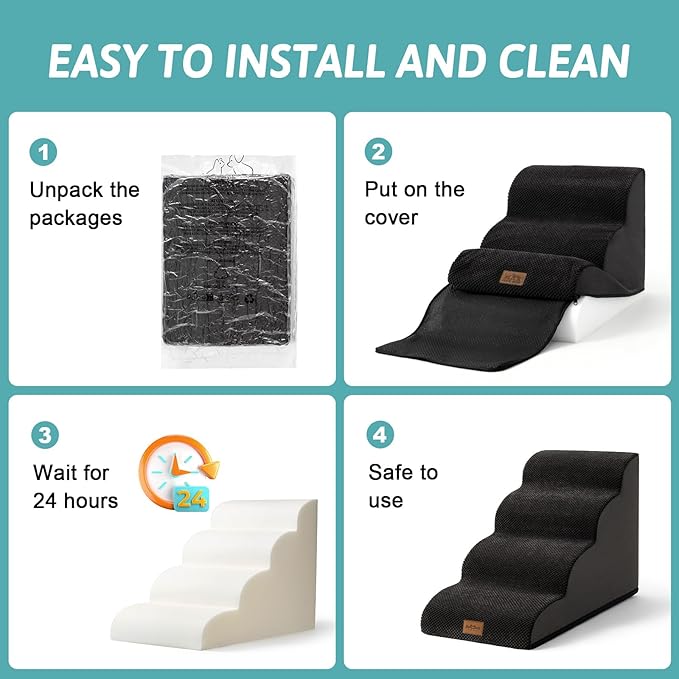 Dog Stairs for Small Dogs 19.7" H, Curved Dog Step for Puppy, Older or Cat, Medium Pet Ramp for Sofa, Couch or Bed, Ladder with High Density Foam, 4 Step, 15.7x28.3x19.7 inch, Black