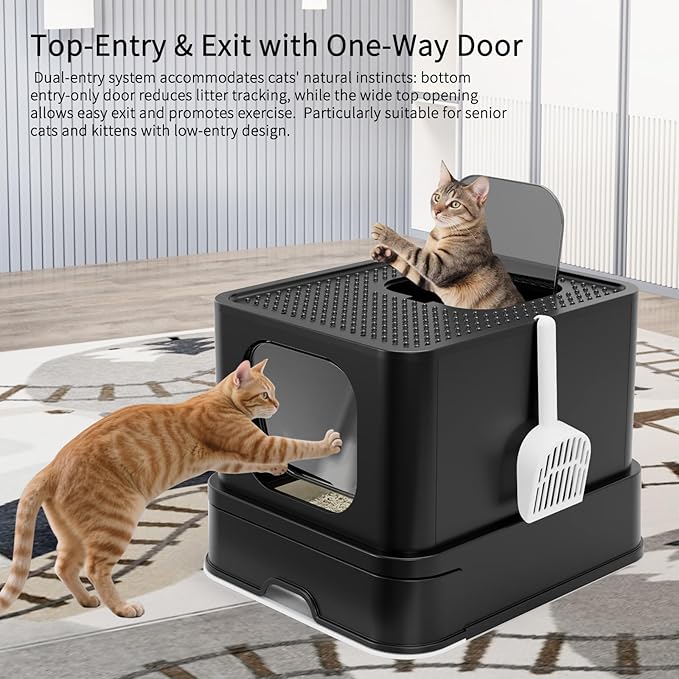 RIZZARI Enclosed Cat Litter Box: Large Stainless Steel Anti-Leak Design Controls Odor - All Black Without Deodorizer - for Cats Under 25 lbs - Ideal for Restroom Porch