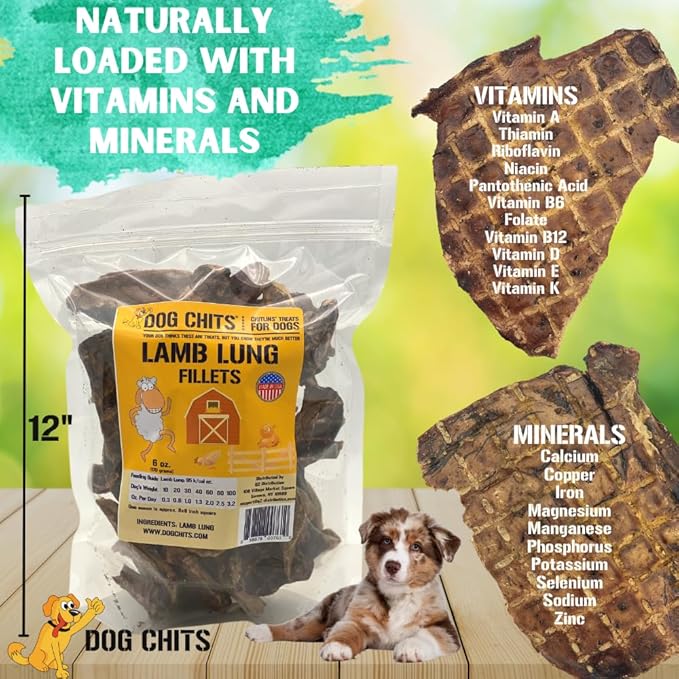 Dog Chits Lamb Lung Fillets Dog and Puppy Treats - Made in USA - Easy to Break - Slices - Random Shape - All Natural - Great for Training - High Protein - Low Fat - Large 6 oz. Bag