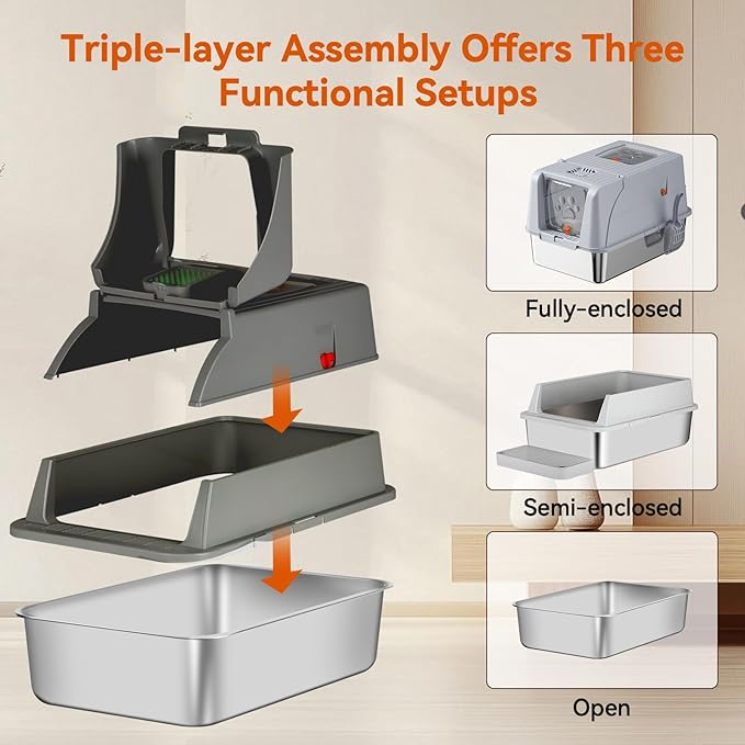 Enclosed Stainless Steel Cat Litter Box with Lid, Front & Top Flap, 180° Flip-top Design, Extra Large Metal Cat Litter Box with Scoop & Filter Pedal,Odor-Resistant (Dark Gray)