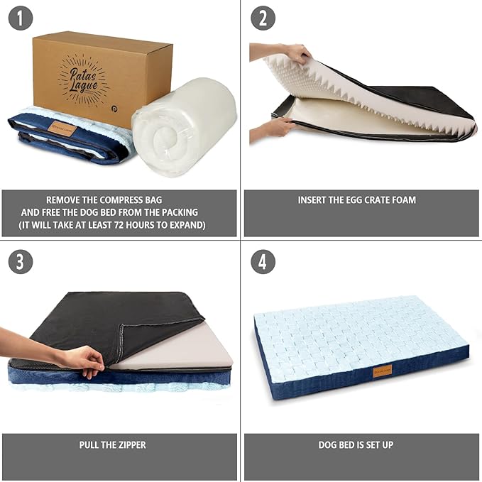 Patas Lague Orthopedic XL Dog Bed Large Sized Dog 48''X30'', Waterproof Soft Comfortable Egg Crate Foam Large Pet Beds Crate Mat with Removable Washable Cover and Nonskid Bottom, Blue