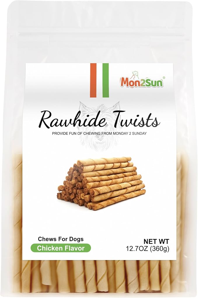 MON2SUN Dog Rawhide Twist Sticks Chicken Flavor 5 Inch Thin Sticks Rawhide Chews Treats for Puppy and Small Dogs 60 Count