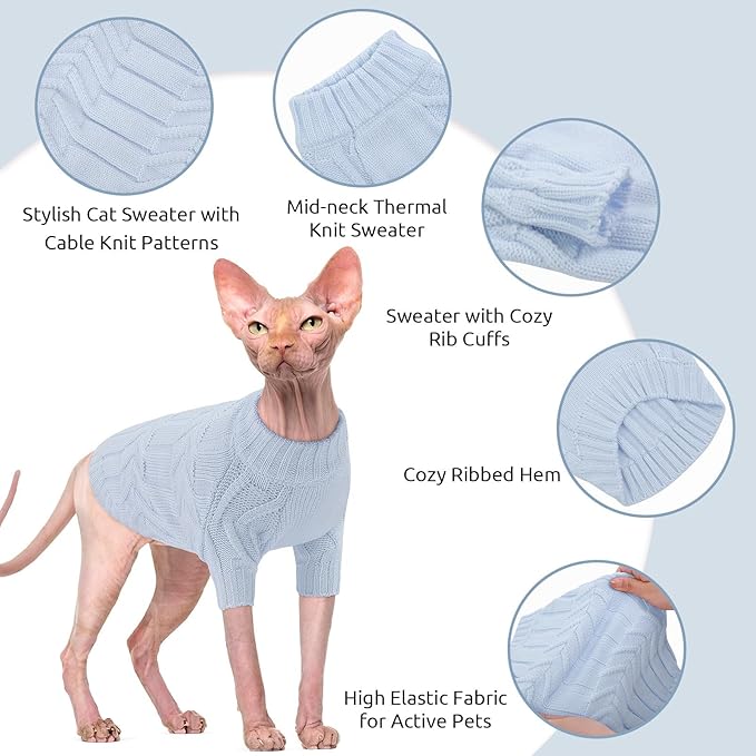 ASENKU Cat Sweater Soft Warm Puppy Clothes Knitwear for Kittens & Small Dogs, Thick Knitted Sweater for Sphynx Hairless Cats Teacup Chihuahua and Extra Small Dogs (Blue, S)