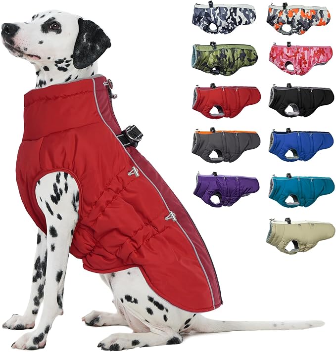 Dog Coat - Warm Winter Jacket Snowsuit for Large Dogs, Water-Resistant, Reflective, Red