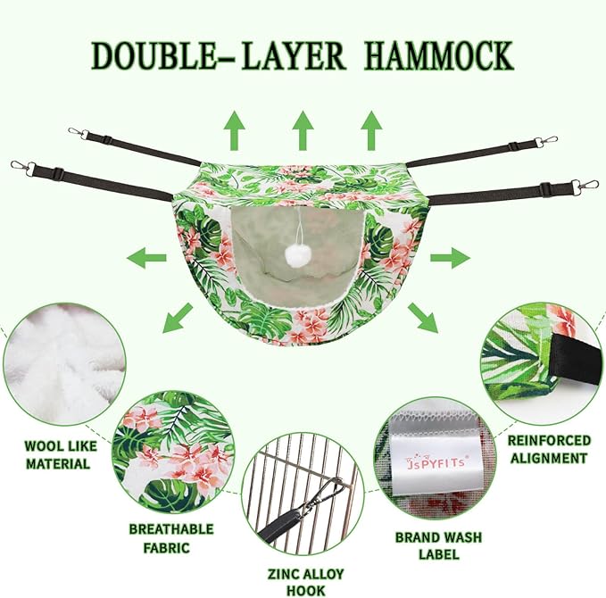 JSPYFITS Cat Cage Hammock with Ball,Double Layer Hanging Adjustable Soft Pet Bed Suit for Kitten Ferret Puppy Rabbit or Small Pet, 2 Level Indoor Bed for All Season(INS Green Leaves)