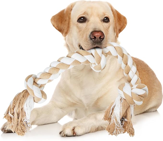PetiFine Dog Rope Toys for Large/Medium Dogs, Chew Toys for Aggressive Chewers, Natural Cotton 3 Knots Interactive Tug of War Dog Pull Rope, Teeth Cleaning